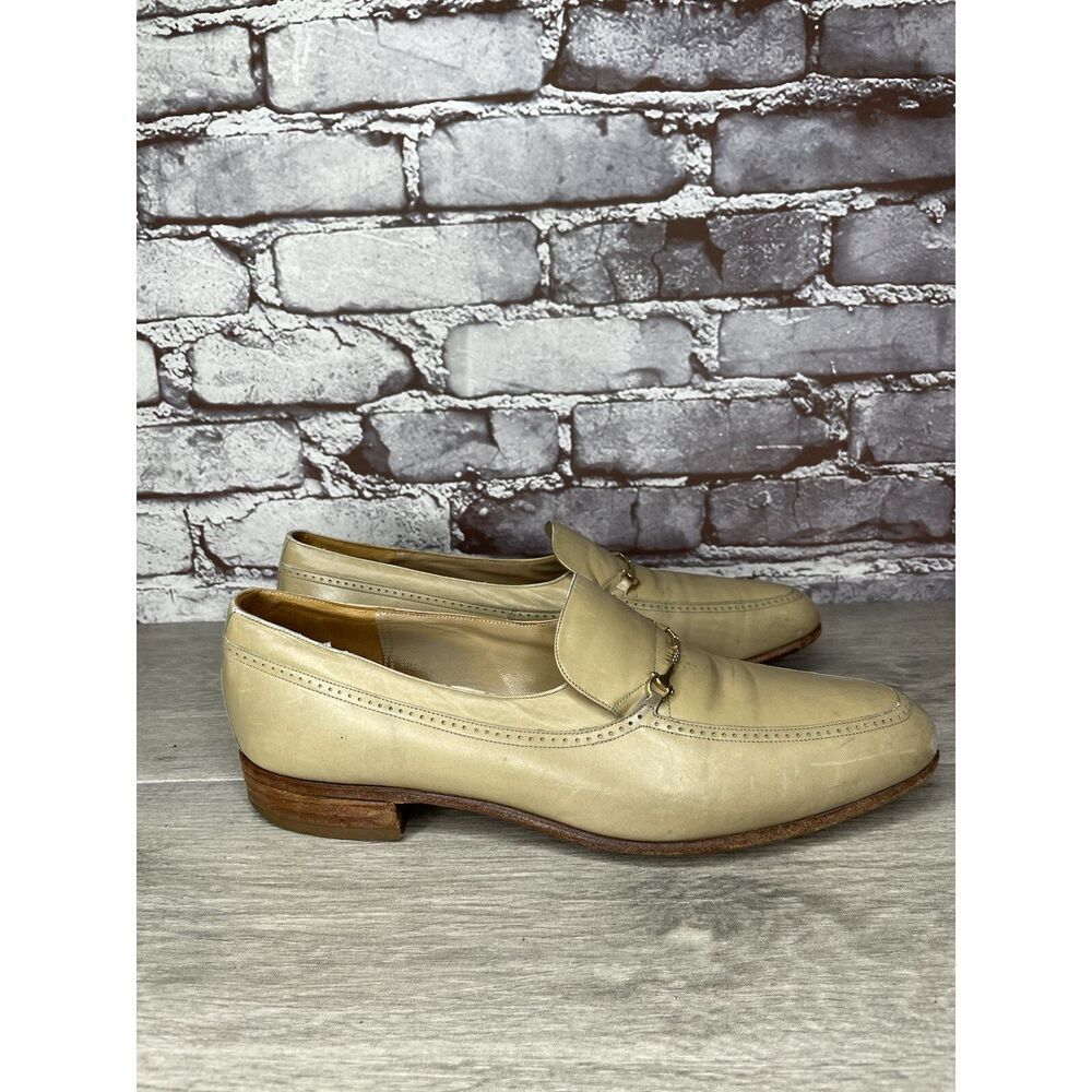 J & M USA Beige Leather Gold Horsebit VTG Loafers Dress Shoes Men’s 8.5C US/42EU